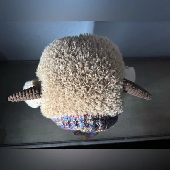 Cozy Light Brown and Blue Horned Sheep Themed Knit Hat and the Ears Squeek - Picture 8 of 11